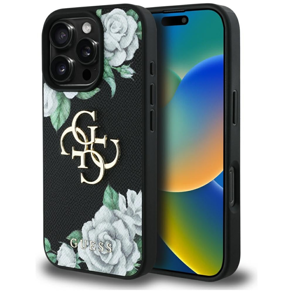 Case for Apple iPhone 16 Pro Max, Guess, 4G Grained Roses Big Logo, Black