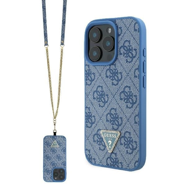 Калъф за Apple iPhone 16 Pro Max, Guess, Crossbody 4G Triangle Strass, Син