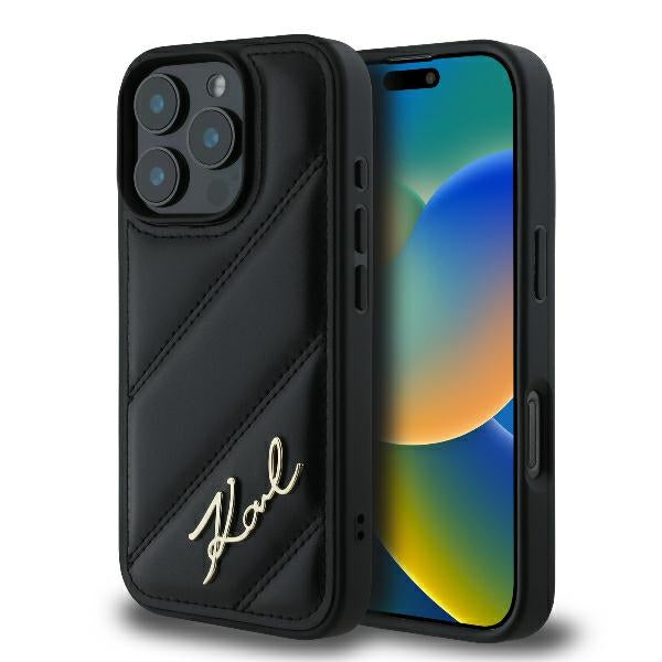 Калъф за Apple iPhone 16 Pro Max, Karl Lagerfeld, Diagonal Quilted Script, Черен