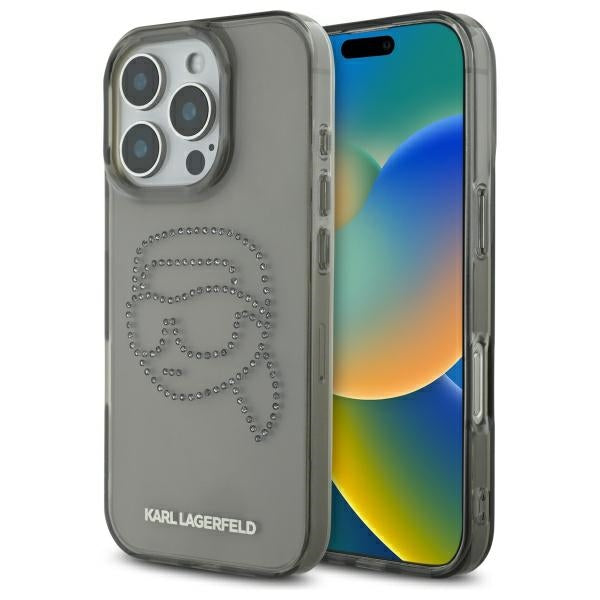 Калъф за Apple iPhone 16 Pro Max, Karl Lagerfeld, IML Rhinestones Karl's Head, Черен