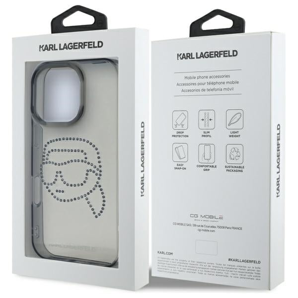 Калъф за Apple iPhone 16 Pro Max, Karl Lagerfeld, IML Rhinestones Karl's Head, Черен