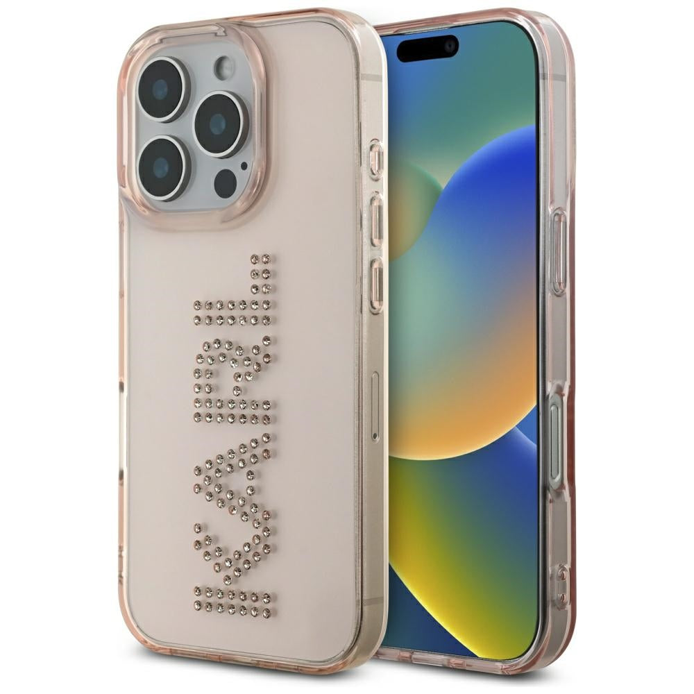 Калъф за Apple iPhone 16 Pro Max, Karl Lagerfeld, IML Rhinestones Pink Logo, Розов