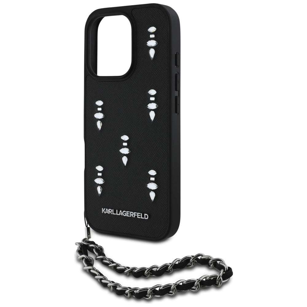 Калъф за Apple iPhone 16 Pro Max, Karl Lagerfeld, Saffiano Crystals & Charm, Черен