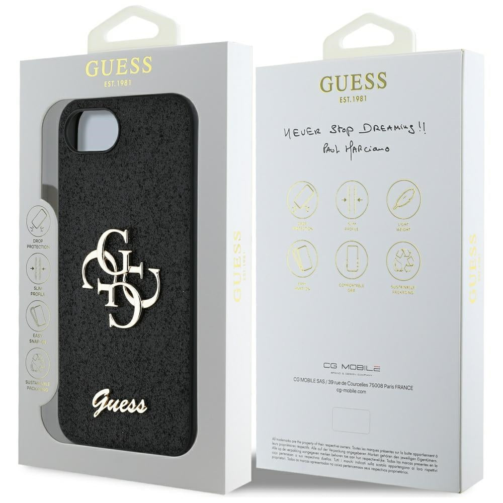 Калъф за Apple iPhone 17e / 16e, Guess, Fixed Glitter Big 4G, Черен