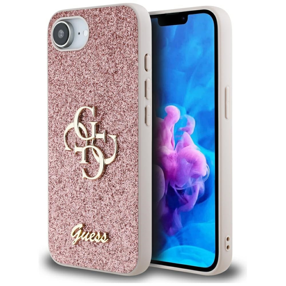 Калъф за Apple iPhone 17e / 16e, Guess, Fixed Glitter Big 4G, Розов