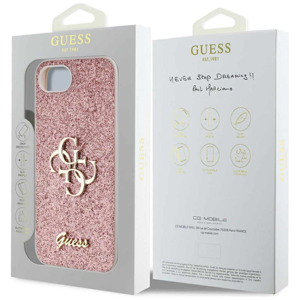 Калъф за Apple iPhone 17e / 16e, Guess, Fixed Glitter Big 4G, Розов