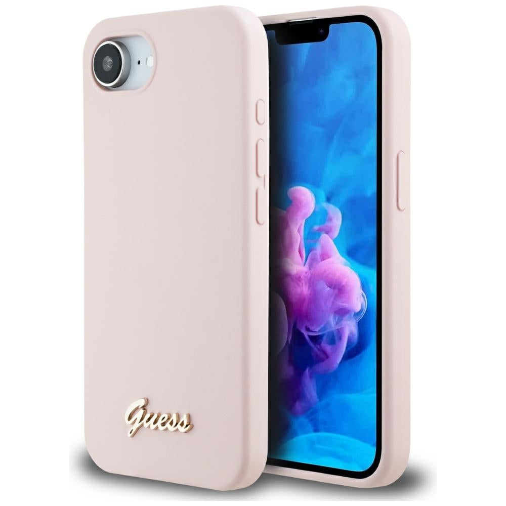 Калъф за Apple iPhone 17e / 16e, Guess, Script Metal Logo, Розов
