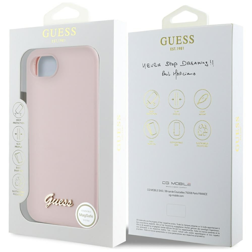 Калъф за Apple iPhone 17e / 16e, Guess, Script Metal Logo, Розов