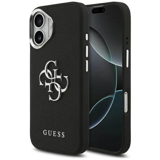 Калъф за Apple iPhone 17, Guess, 4G Grained Big and Classic Logo, Черно Сребрист