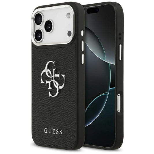 Калъф за Apple iPhone 17 Pro, Guess, 4G Grained Big and Classic Logo, Черен Сребрист
