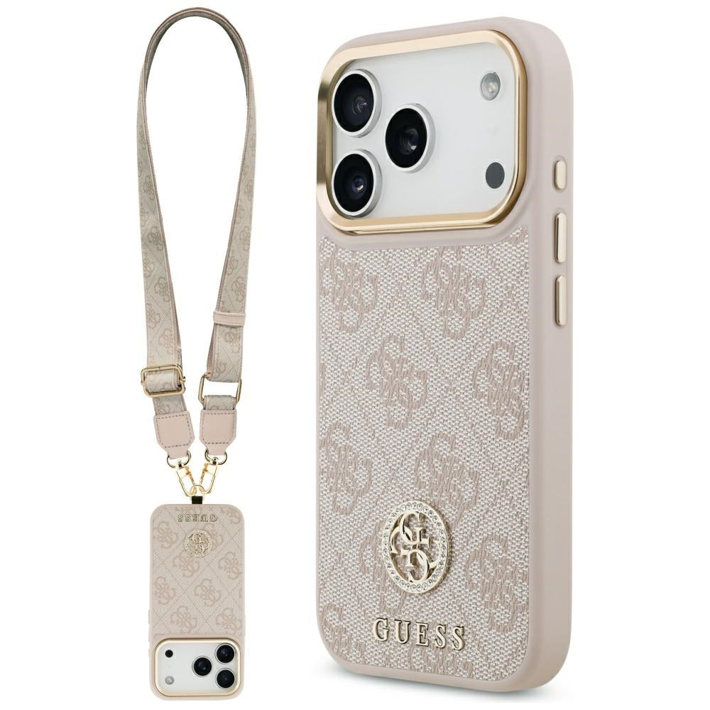 Калъф за Apple iPhone 17 Pro, Guess, 4G Strass Logo and Big Strap, Розов