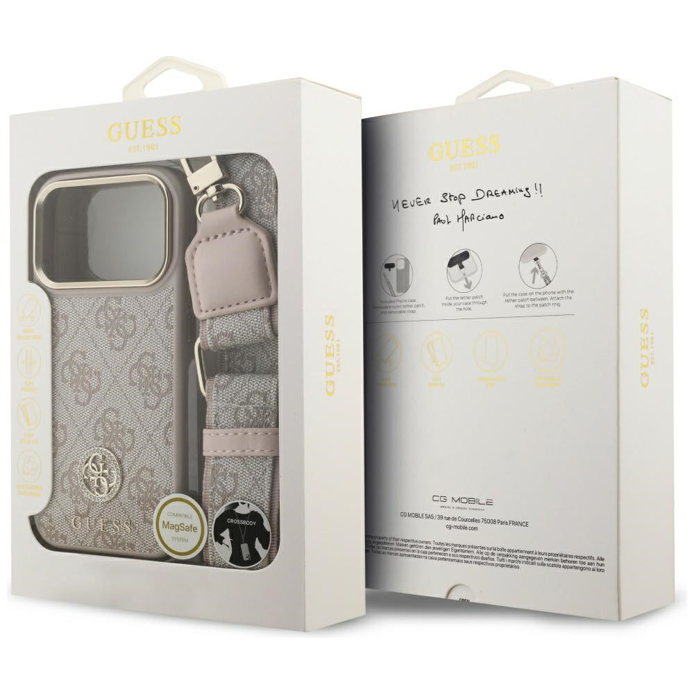 Калъф за Apple iPhone 17 Pro, Guess, 4G Strass Logo and Big Strap, Розов