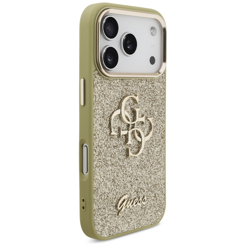Калъф за Apple iPhone 17 Pro, Guess, Fixed Glitter Big 4G Metal Frame, Златист