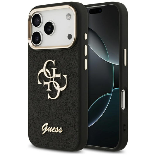Калъф за Apple iPhone 17 Pro, Guess, Fixed Glitter Big 4G Metal Frame, Черен