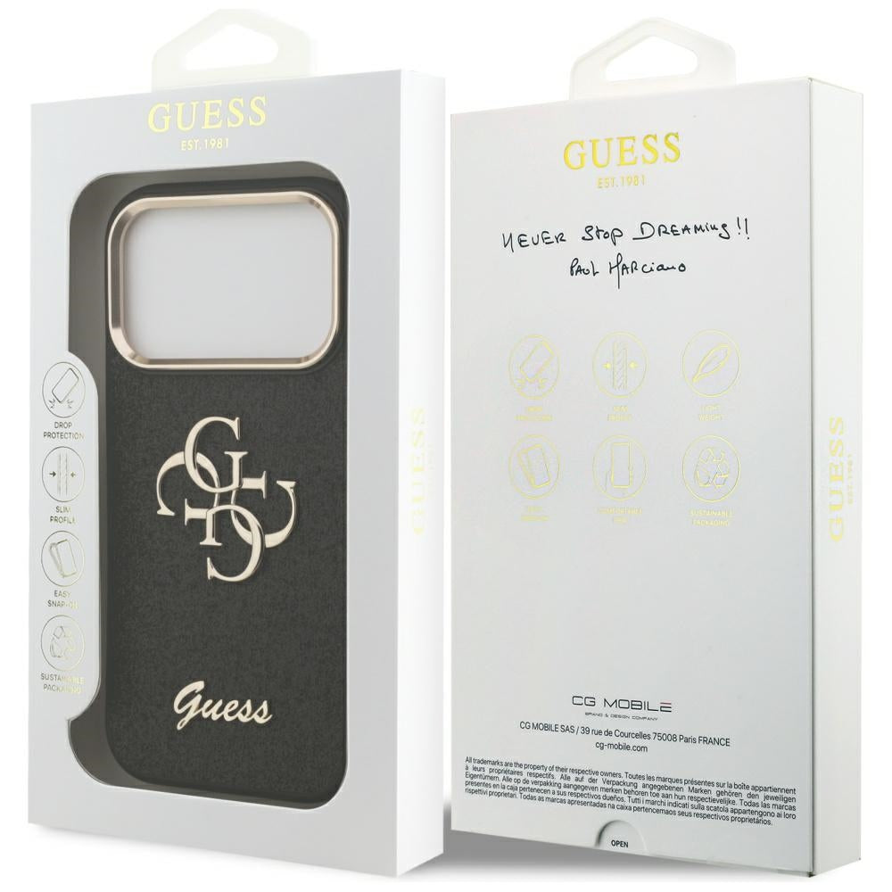 Калъф за Apple iPhone 17 Pro, Guess, Fixed Glitter Big 4G Metal Frame, Черен