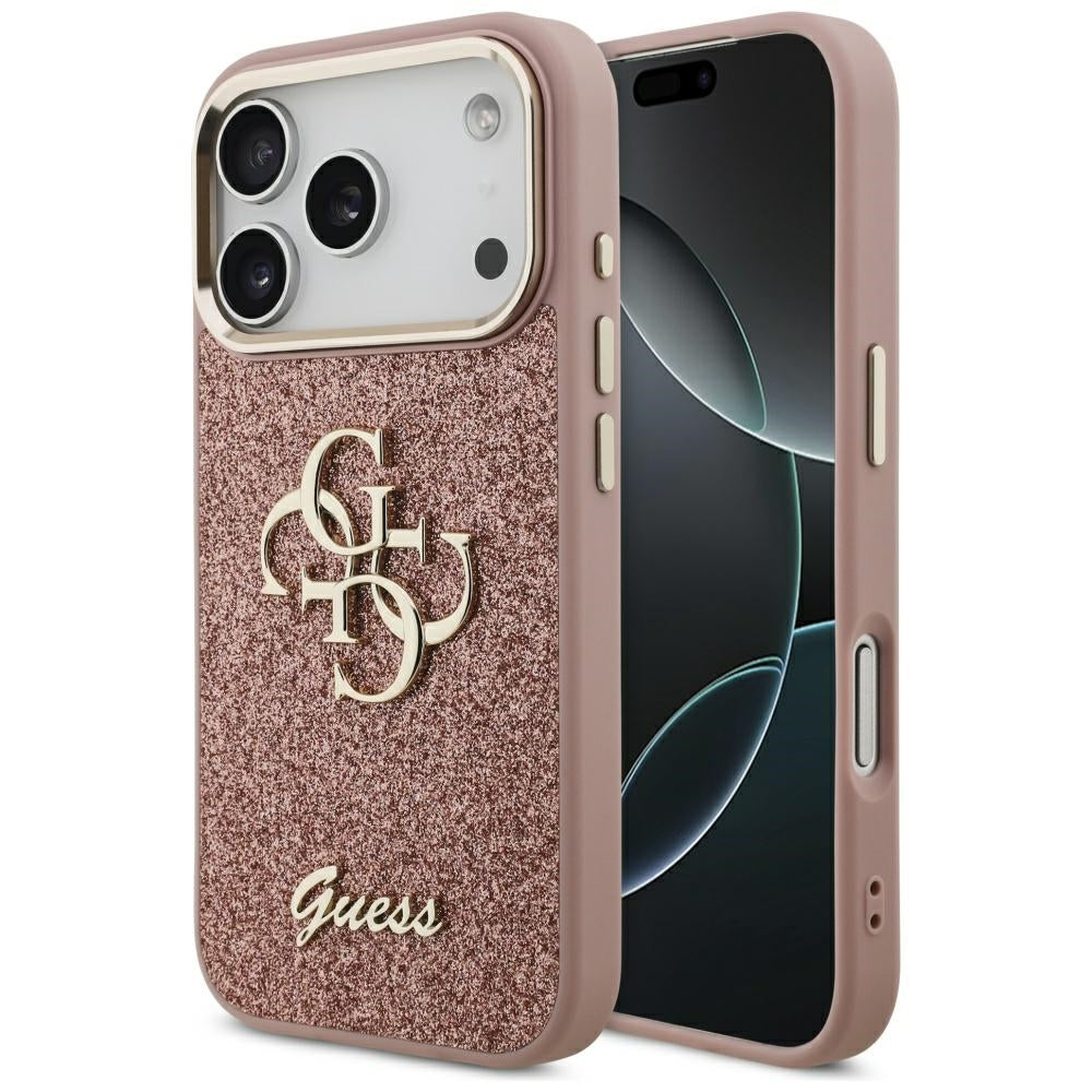 Калъф за Apple iPhone 17 Pro, Guess, Fixed Glitter Big 4G Metal Frame, Розов