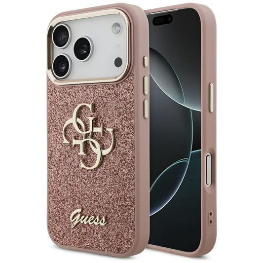 Калъф за Apple iPhone 17 Pro, Guess, Fixed Glitter Big 4G Metal Frame, Розов