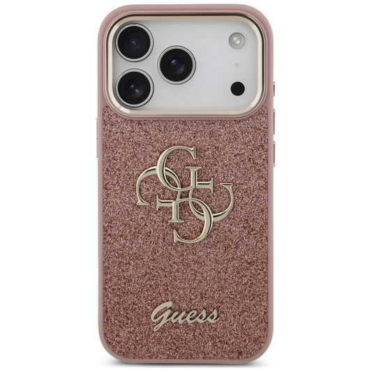 Калъф за Apple iPhone 17 Pro, Guess, Fixed Glitter Big 4G Metal Frame, Розов