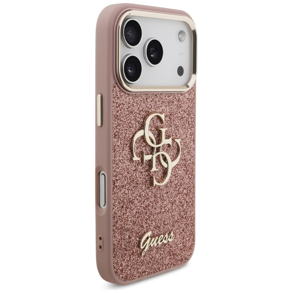 Калъф за Apple iPhone 17 Pro, Guess, Fixed Glitter Big 4G Metal Frame, Розов