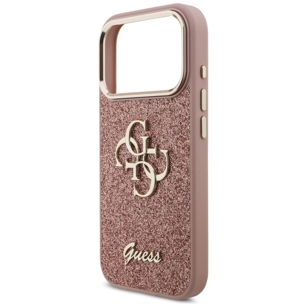 Калъф за Apple iPhone 17 Pro, Guess, Fixed Glitter Big 4G Metal Frame, Розов