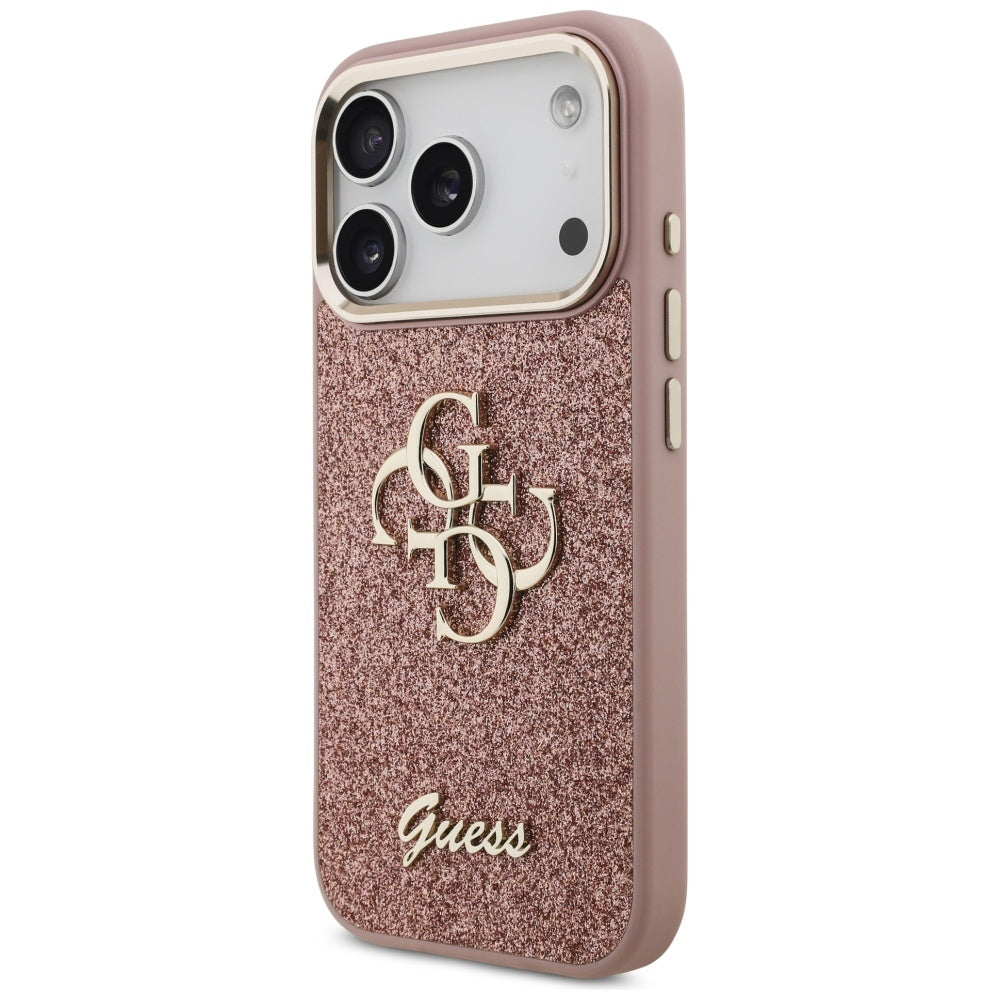 Калъф за Apple iPhone 17 Pro, Guess, Fixed Glitter Big 4G Metal Frame, Розов