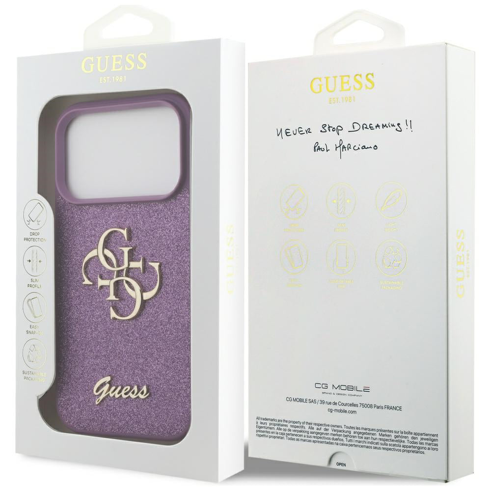Калъф за Apple iPhone 17 Pro, Guess, Fixed Glitter Big 4G, Лилав