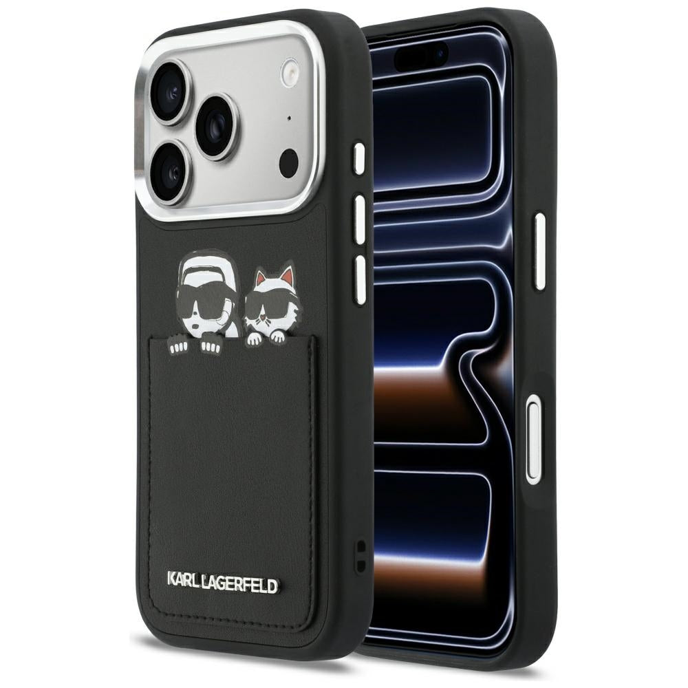 Калъф за Apple iPhone 17 Pro, Karl Lagerfeld, Karl & Choupette Print with Pocket, Черен