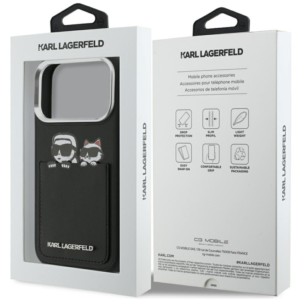 Калъф за Apple iPhone 17 Pro, Karl Lagerfeld, Karl & Choupette Print with Pocket, Черен