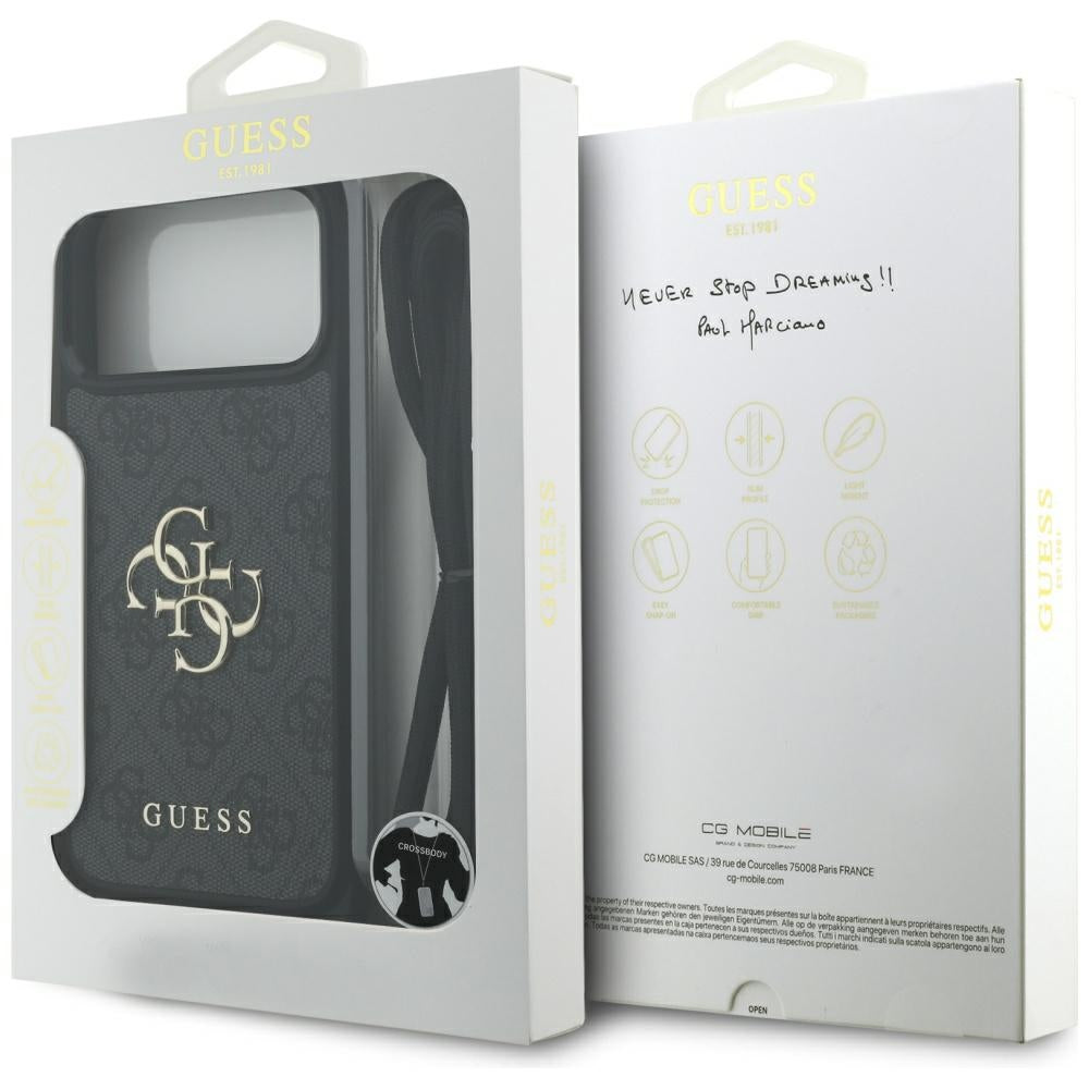 Калъф за Apple iPhone 17 Pro Max, Guess, 4G CBDY Big Logo with Cord Strap, Черен