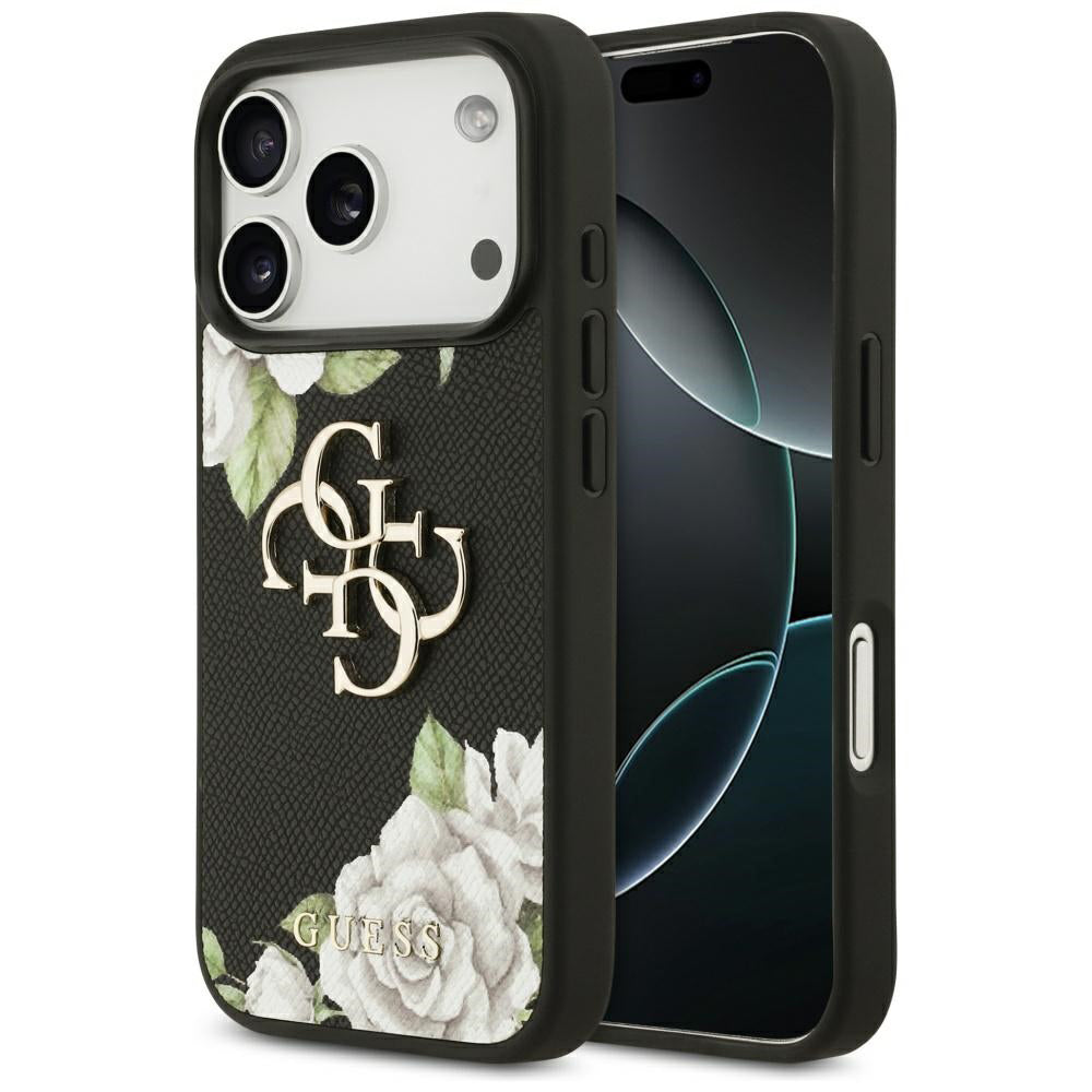Калъф за Apple iPhone 17 Pro Max, Guess, 4G Grained Roses Big Logo, Черен