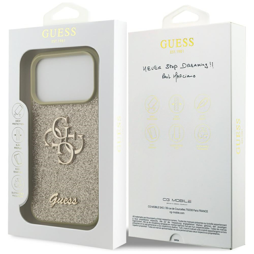 Калъф за Apple iPhone 17 Pro Max, Guess, Fixed Glitter Big 4G, Златист