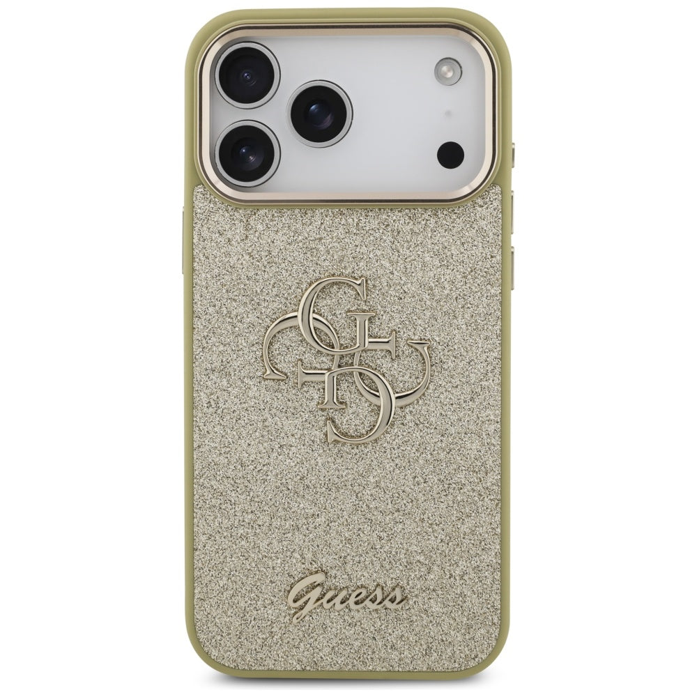 Калъф за Apple iPhone 17 Pro Max, Guess, Fixed Glitter Big 4G Metal Frame, Златист