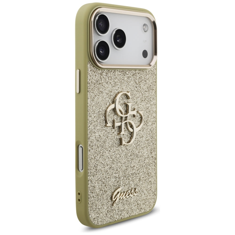 Калъф за Apple iPhone 17 Pro Max, Guess, Fixed Glitter Big 4G Metal Frame, Златист