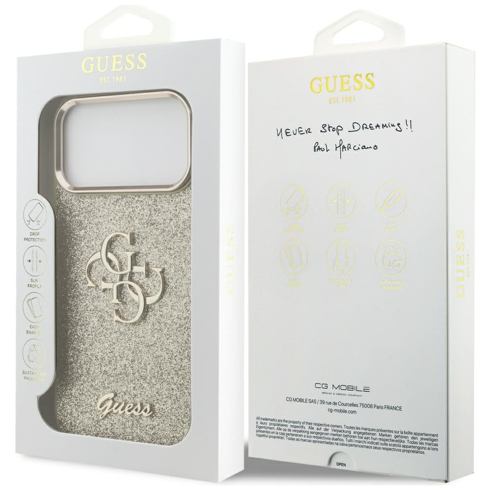 Калъф за Apple iPhone 17 Pro Max, Guess, Fixed Glitter Big 4G Metal Frame, Златист