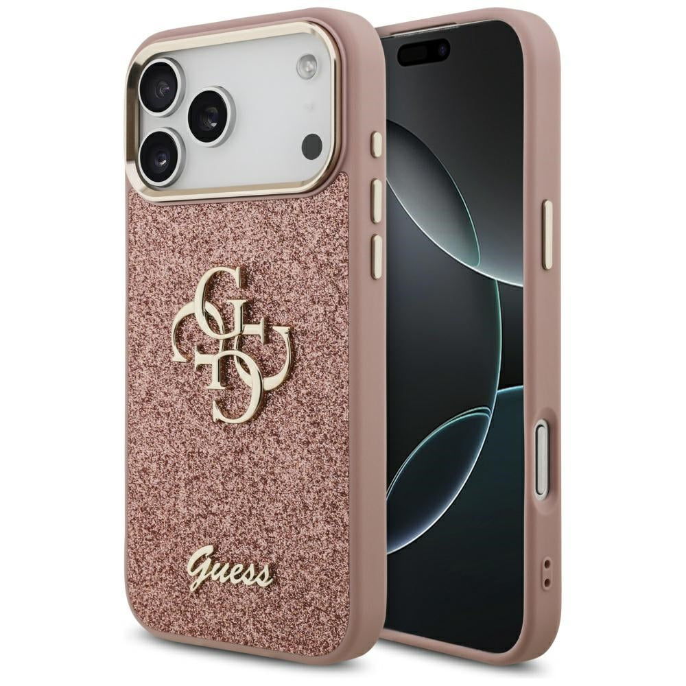 Калъф за Apple iPhone 17 Pro Max, Guess, Fixed Glitter Big 4G Metal Frame, Розов
