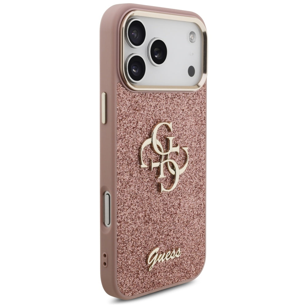 Калъф за Apple iPhone 17 Pro Max, Guess, Fixed Glitter Big 4G Metal Frame, Розов