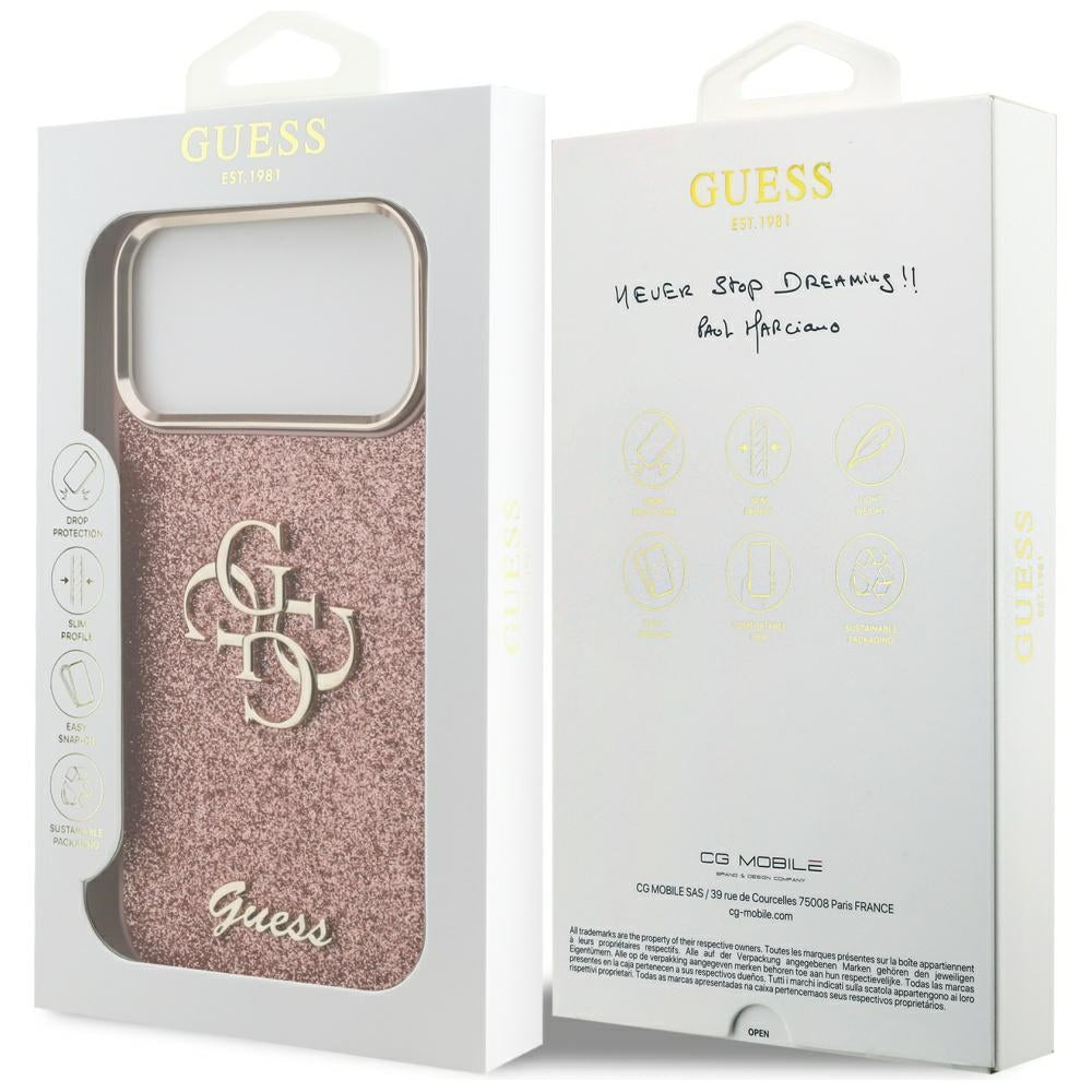Калъф за Apple iPhone 17 Pro Max, Guess, Fixed Glitter Big 4G Metal Frame, Розов