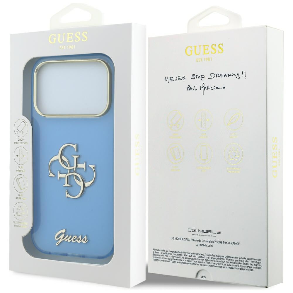 Калъф за Apple iPhone 18 Pro / 17 Pro, Guess, IML 4G Metal Script, Bleu