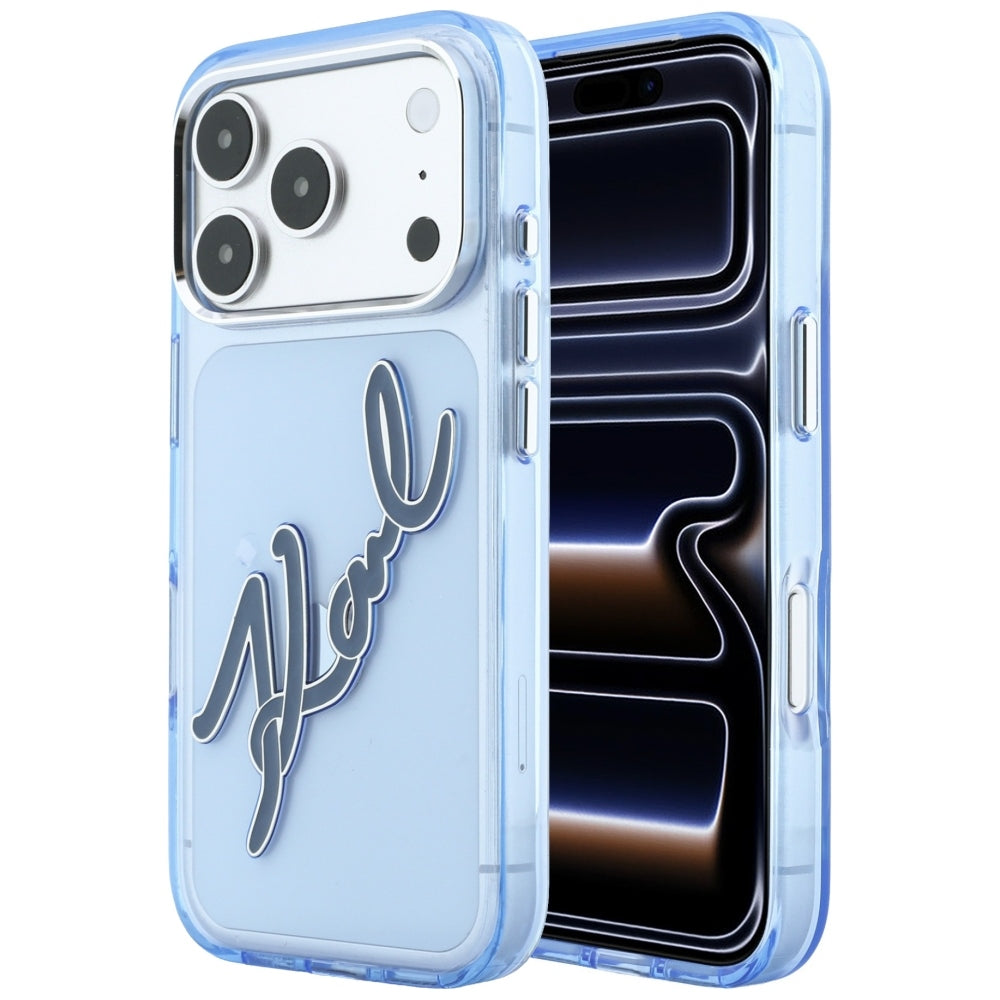 Калъф за Apple iPhone 18 Pro / 17 Pro, Karl Lagerfeld, IML Голямо подписано лого от смола и метална рамка, Син