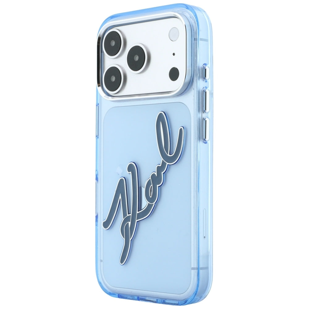 Калъф за Apple iPhone 18 Pro / 17 Pro, Karl Lagerfeld, IML Голямо подписано лого от смола и метална рамка, Син