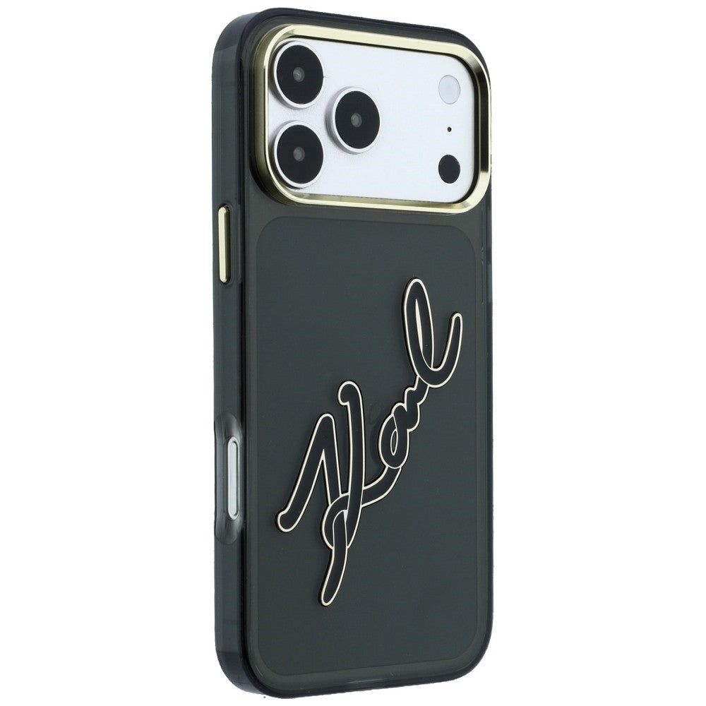 Калъф за Apple iPhone 18 Pro / 17 Pro, Karl Lagerfeld, IML Big Signature Resin Logo и метална рамка, черен