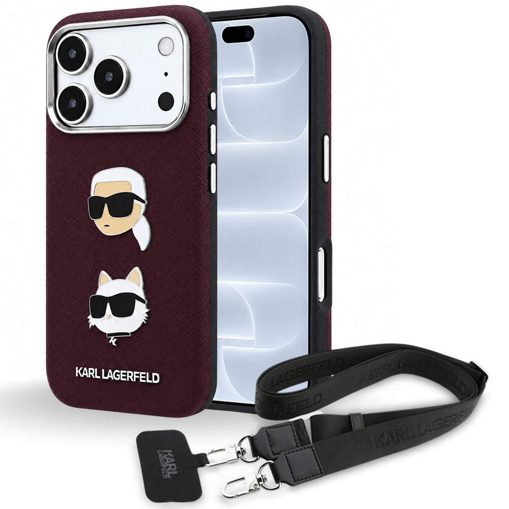 Калъф за Apple iPhone 18 Pro / 17 Pro, Karl Lagerfeld, Saffiano Crossbody Karl & Choupette Head's Pins Logo, бордо