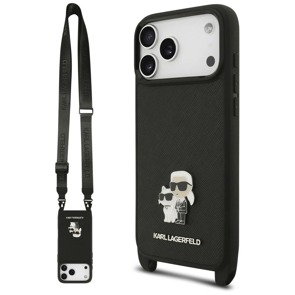 Калъф за Apple iPhone 18 Pro / 17 Pro, Karl Lagerfeld, Saffiano Crossbody Metal Pin Karl & Choupette, черен