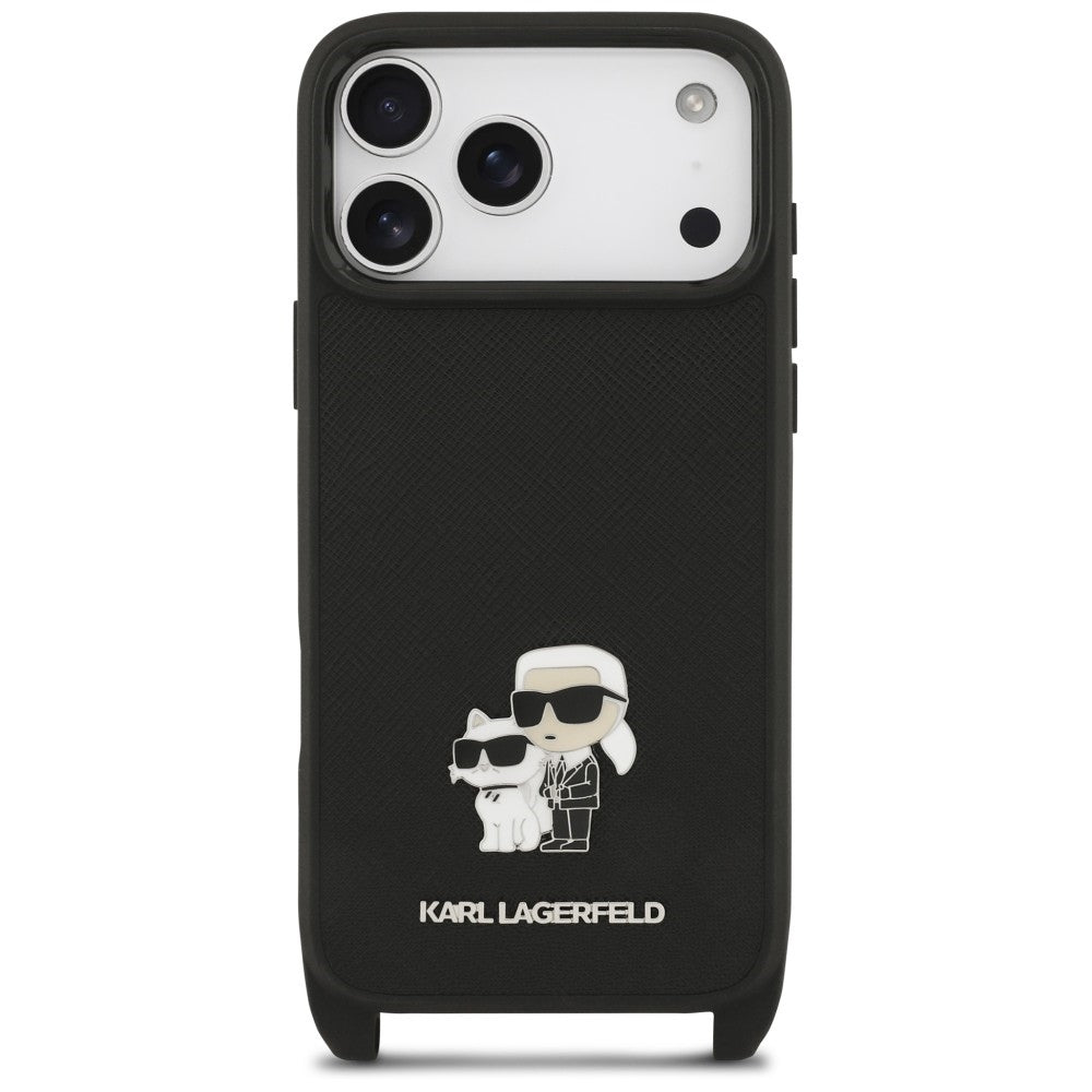 Калъф за Apple iPhone 18 Pro / 17 Pro, Karl Lagerfeld, Saffiano Crossbody Metal Pin Karl & Choupette, черен