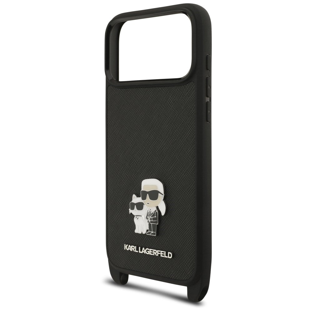 Калъф за Apple iPhone 18 Pro / 17 Pro, Karl Lagerfeld, Saffiano Crossbody Metal Pin Karl & Choupette, черен