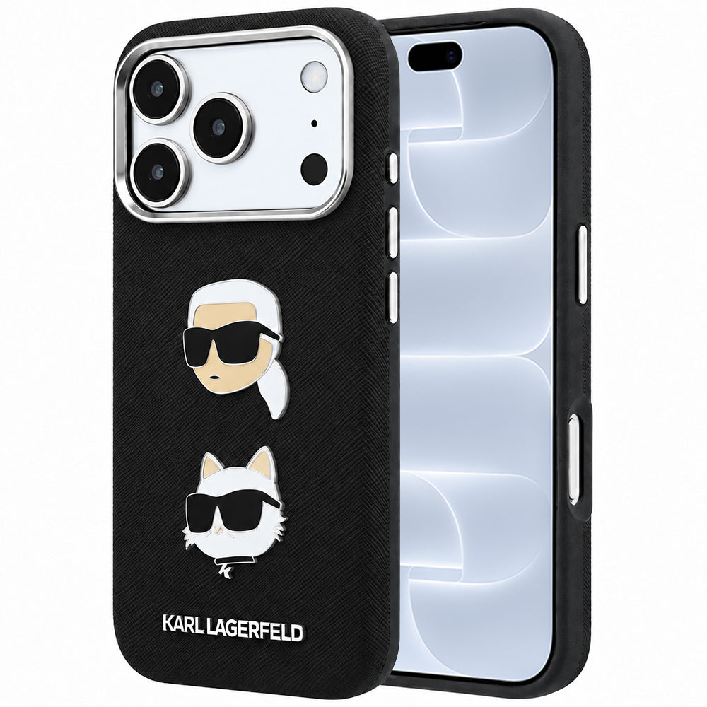 Калъф за Apple iPhone 18 Pro / 17 Pro, Karl Lagerfeld, Saffiano с игла с главите на Karl и Choupette и лого, черен