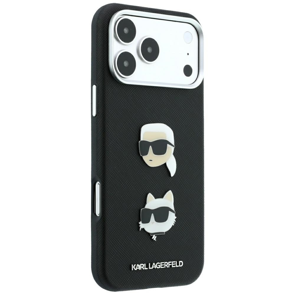 Калъф за Apple iPhone 18 Pro / 17 Pro, Karl Lagerfeld, Saffiano с игла с главите на Karl и Choupette и лого, черен