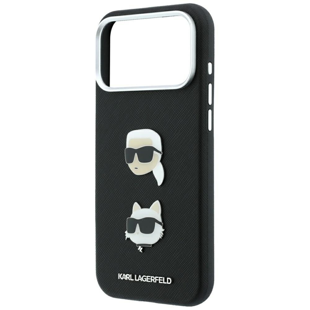 Калъф за Apple iPhone 18 Pro / 17 Pro, Karl Lagerfeld, Saffiano с игла с главите на Karl и Choupette и лого, черен