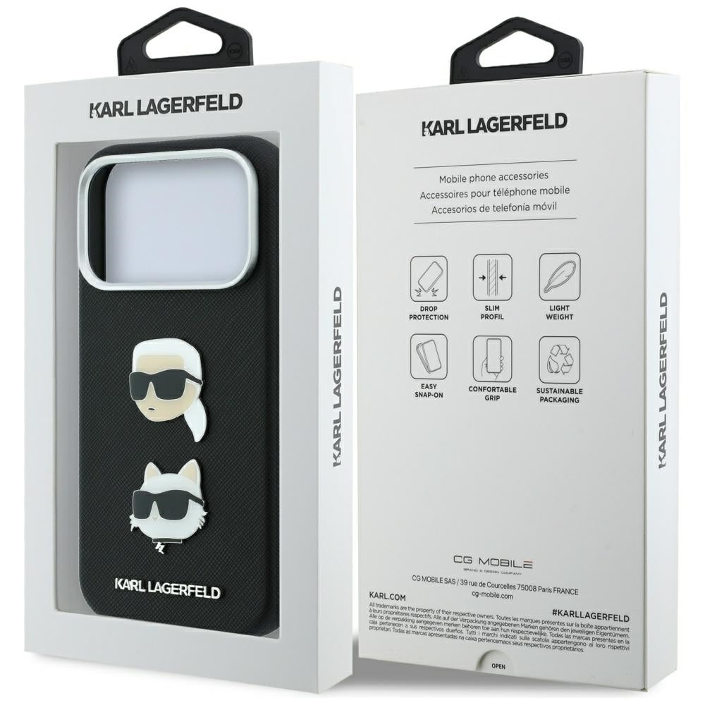 Калъф за Apple iPhone 18 Pro / 17 Pro, Karl Lagerfeld, Saffiano с игла с главите на Karl и Choupette и лого, черен