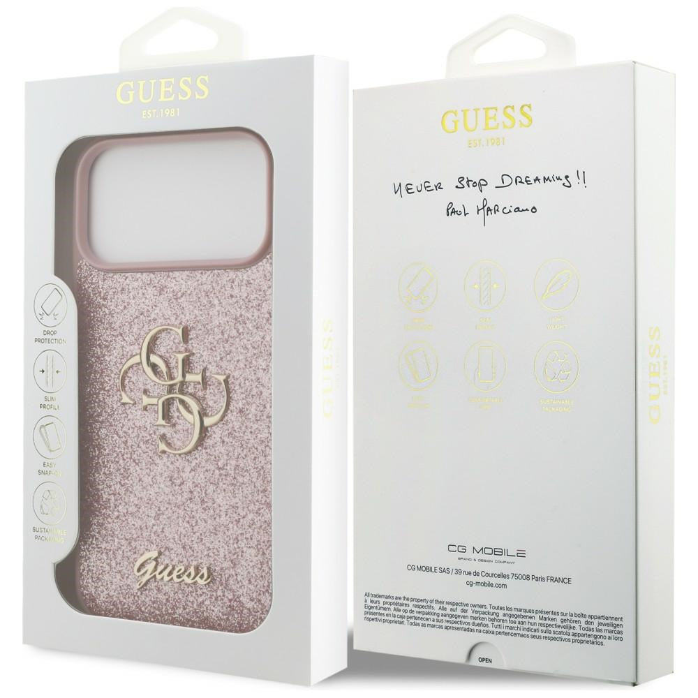 Калъф за Apple iPhone 18 Pro Max / 17 Pro Max, Guess, Fixed Glitter Big 4G, Розов